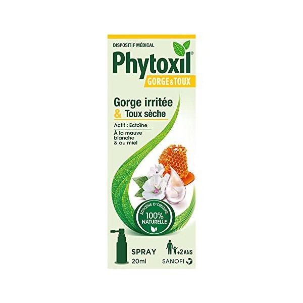 PHYTOXIL SPRAY GORGE - Dispositif médical - Spray 20 ml - Apaise la gorge irritée - Soulage la toux sèche - Ectoïne - Mauve B