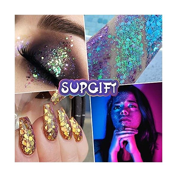 SUPGIFT Lot de 5 cuillères à paillettes holographiques pour maquillage cheveux corps art slime en résine avec pinceau 15 coul