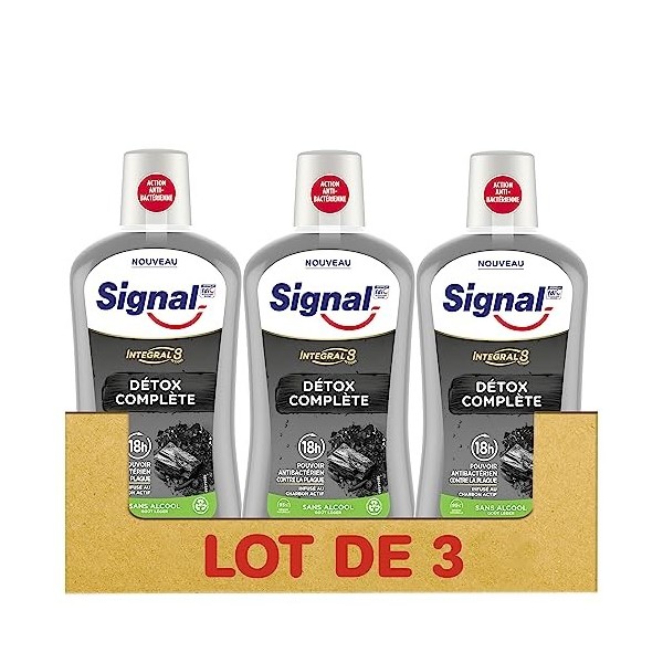 Signal Bain de Bouche Intégral 8 Charbon Antibactérien, Soin bucco-dentaire, Pouvoir blanchissant Lot de 3x500ml 