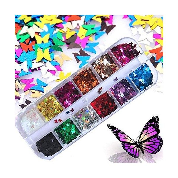 Kalolary Papillon Ongles Paillettes, 3D Laser Nail Art Sequins Mixed Color Glitter pour Festival Fête Visage Corps Cheveux On