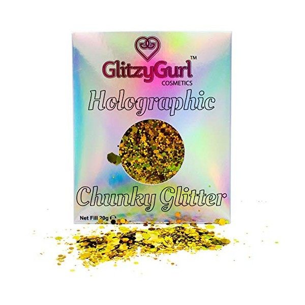 GlitzyGurl Grosses paillettes holographiques pour le visage, le corps, les cheveux, les ongles - 20 g