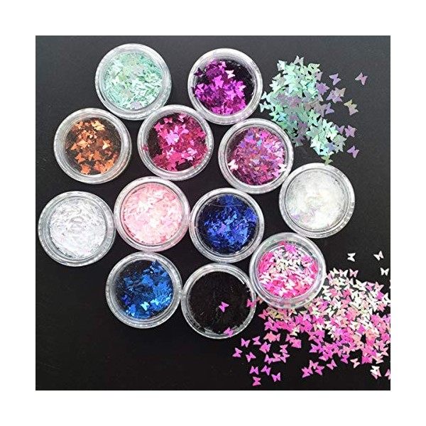 Lot de 12 boîtes de paillettes pour ongles en forme de papillon - Couleur or rose et argent PE-002