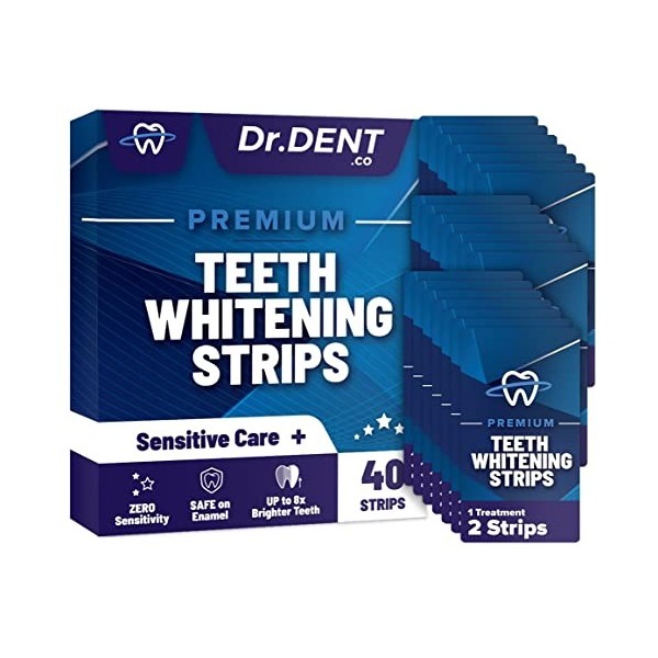 Bandes de blanchiment des dents DrDent Premium - 20 séances de blanchiment - Formule non sensible - 40 -sans peroxyde - Sans 