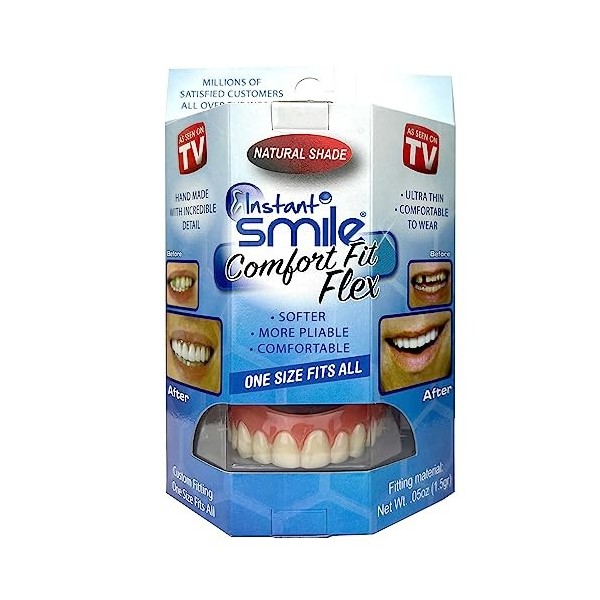 Instant Smile Comfort Fit Flex Cosmetic Teeth, Natural Shade, Comfortable Upper Veneer, 1 Size Fits Most, pour Éclaircissant