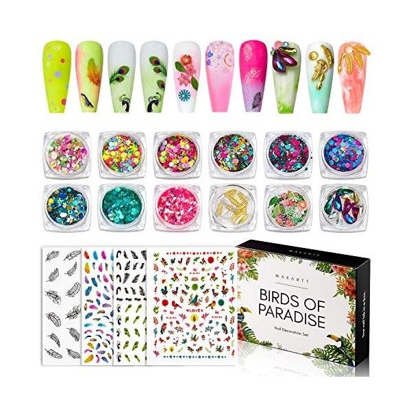 Makartt Ensemble de décoration dongles, 12 Boîtes de Paillettes pour Ongles Paillettes pour Ongles Nail Strass avec 4 Feuill