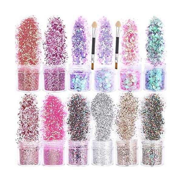 HOWAF 12 Colorées Paillettes pour Ongles Visage Corps Art avec Brosse 2pcs, 3D Nail Art Paillettes pour Manucure Yeux Cheveux