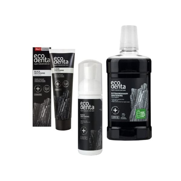 Ecodenta Black Whitening Kit cosmétique pour hygiène bucco-dentaire au charbon actif Dentifrice 100 ml, rince-bouche avec noi