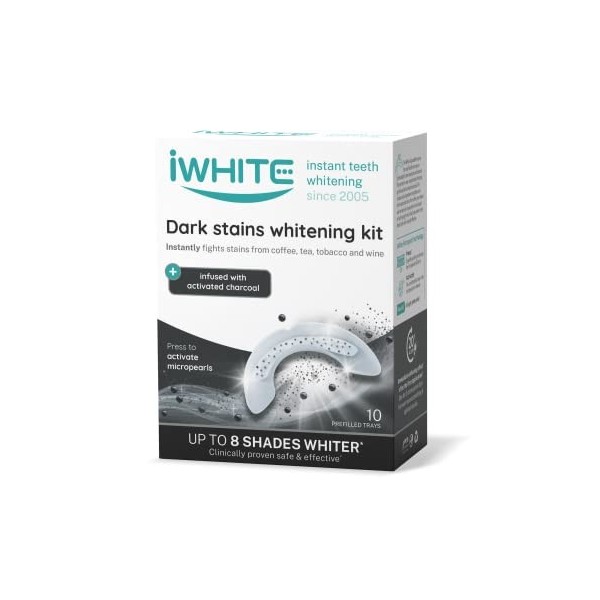 Kit de blanchiment des dents iWhite Dark Stains 10 gouttières pré-remplies - Infusé avec du charbon actif - Combat instantané