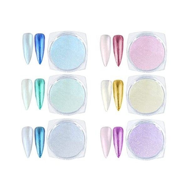 URAQT Oudre Ongle Effet Perle Chrome Ongle, 6 BoîTe Paillettes Ongles Nail Art Poudre, Chrome Pigments Avec Paillettes Pou La