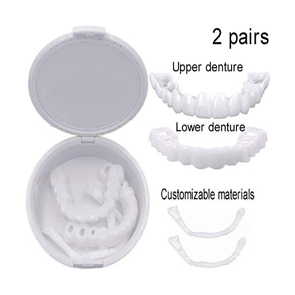 AEU 2 Paires Fausse Dents Dentier Sourire Facette Dentaire Couvre Dents Artificielles 2 Haut Et 2 Bas Réutilisable Prothèses 