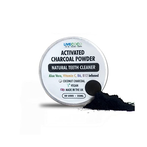 LiveCoco Charbon actif pour le blanchiment des dents, blanchiment naturel, issu de coques de noix de coco, cru et de qualité 