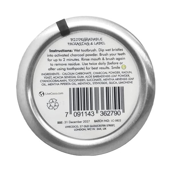 LiveCoco Charbon actif pour le blanchiment des dents, blanchiment naturel, issu de coques de noix de coco, cru et de qualité 