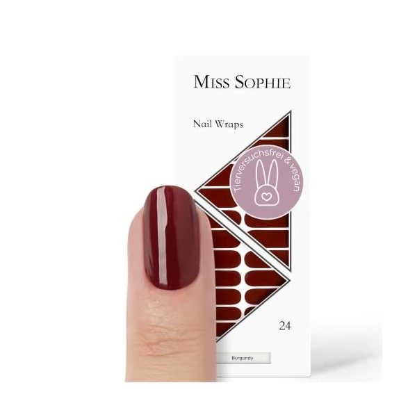 Miss Sophie Nail Wrap - "Burgundy", Uni, Rouge, Nail Wraps -24 nail wraps auto-adhésifs ultra-fins longue durée