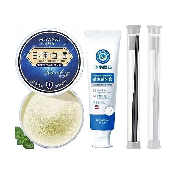 Kits de blanchiment des dents, poudre de dents Miyanxi avec dentifrice blanchissant probiotique et brosse à dents souple, pou