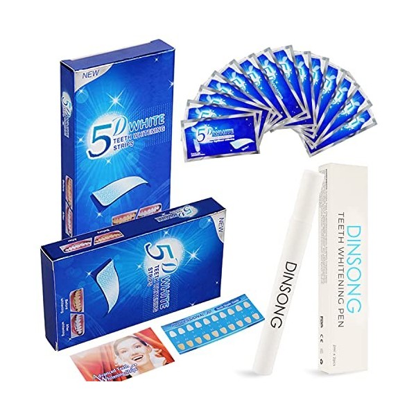 Bandes blanchissant dents, Whitening Strips DINSONG, 28 paquets de bandes blanchissant + 2 stylos teeth whitening, Réduit la 