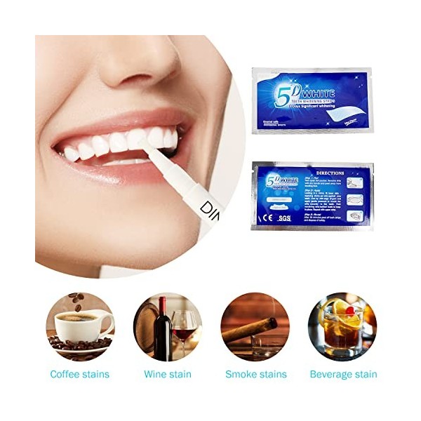 Bandes blanchissant dents, Whitening Strips DINSONG, 28 paquets de bandes blanchissant + 2 stylos teeth whitening, Réduit la 