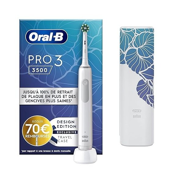 Oral-B Pro 3 3500 Brosse À Dents Électrique Blanche avec capteur de pression intelligent, 1 Étui De Voyage, 1 Brossette
