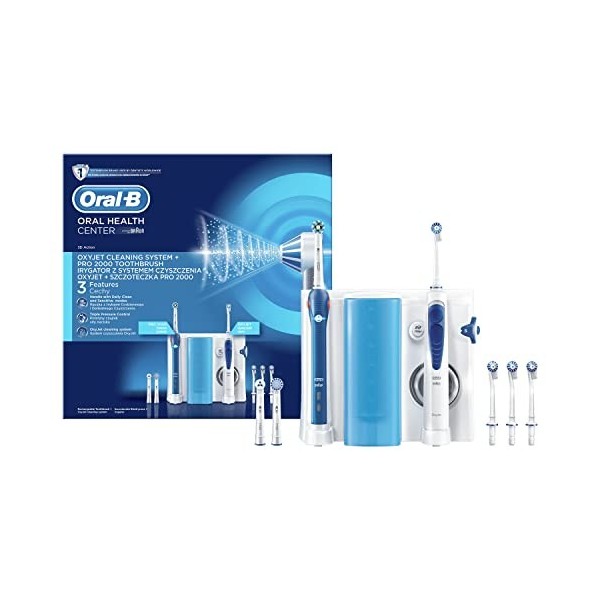 Oral-B Pro 2000+ Kit Brosse À Dent Electrique Rechargeable Avec Jet Dentaire 1 Hydropulseur Oxyjet, 1 Brosse À Dents , 4 Canu