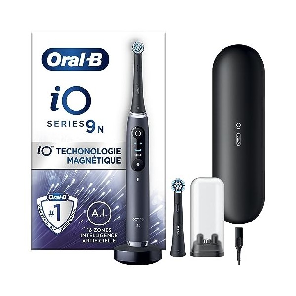 Oral-B iO 9N Brosse À Dents Électrique Noire connectée Bluetooth, 2 Brossettes, 1 Étui De Voyage Chargeur