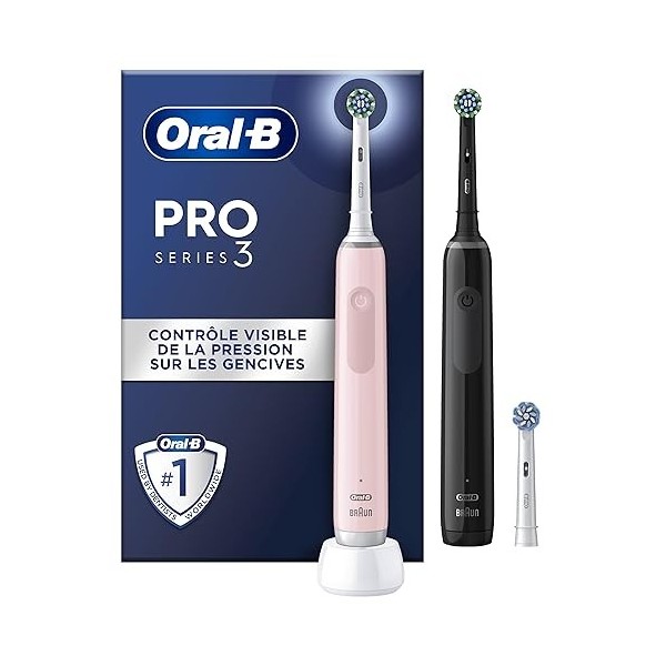 Lot de 2 Oral-B Pro 3 3900N, Noir et rose Brosses À Dents Électriques, 3 Brossettes, conçu par Braun