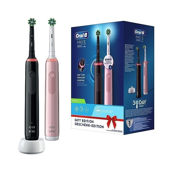 Lot de 2 Oral-B Pro 3 3900N, Noir et rose Brosses À Dents Électriques, 3 Brossettes, conçu par Braun