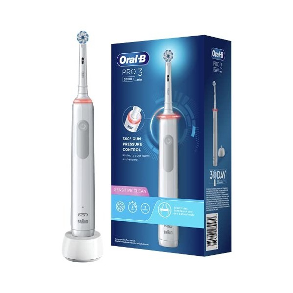 Oral-B Pro 3 3000 Sensitive Clean, Brosse à Dents Électrique Rechargeable, Souple pour Voyage, Capteur de Pression Intelligen