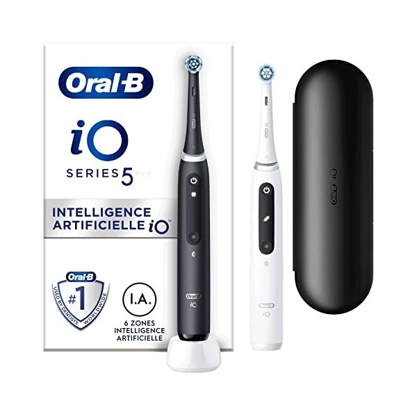 Oral-B iO 5 Lot De 2, Brosses À Dents Électriques Noire et Blanche connectées Bluetooth, 2 Brossettes, 1 Étui De Voyage