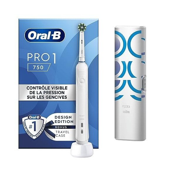 Oral-B Pro 1 750 Brosse À Dents Électrique Avec Technologie 3D, Blanche, 1 Étui De Voyage, 1 Brossette