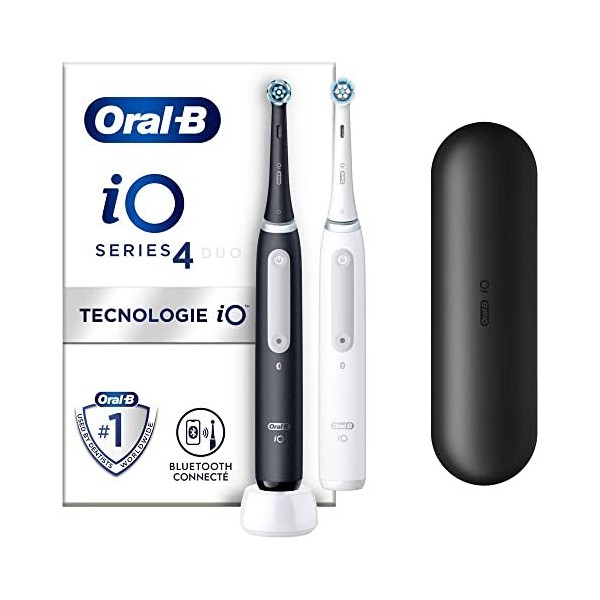 Oral-B iO 4 Lot De 2, Brosses À Dents Électriques Noire et Blanche connectées Bluetooth, 2 Brossettes, 1 Étui De Voyage