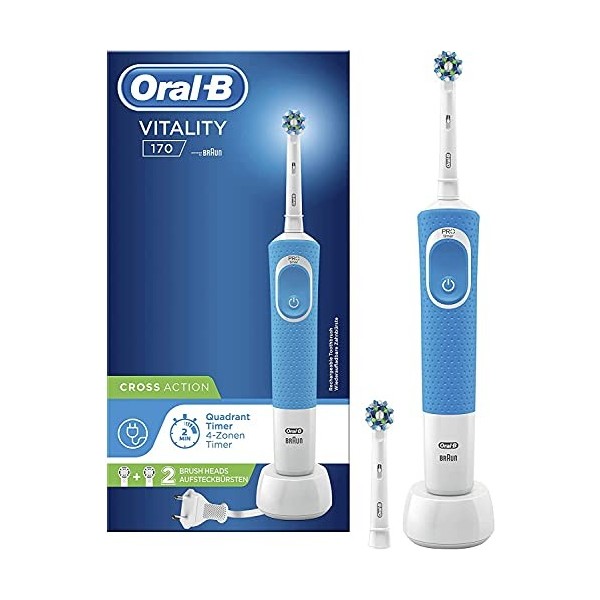 Oral-B Vitality 170 Brosse À Dents Électrique Rechargeable Avec 1 Manche Et 2 Brossettes Crossaction, Bleu, Minuteur Et Actio