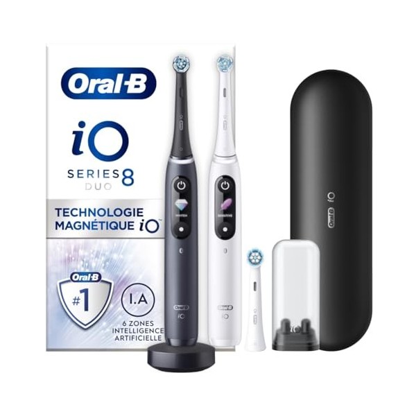 Oral-B iO 8 Brosses À Dents Électriques Rechargeables, Manches Blanc Et Noir connectés Bluetooth Avec Technologie Magnétique,