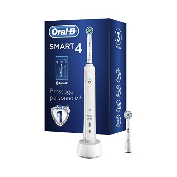 Oral-B Smart 4 Brosse À Dents Électrique Rechargeable Avec 1 Manche Connecté Bluetooth Et 2 Brossettes, 5 Modes Dont Blancheu