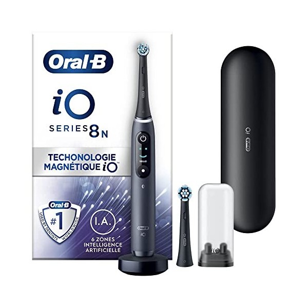 Oral-B iO 8N Brosse À Dents Électrique Noire connectée Bluetooth, 2 Brossettes, 1 Étui De Voyage