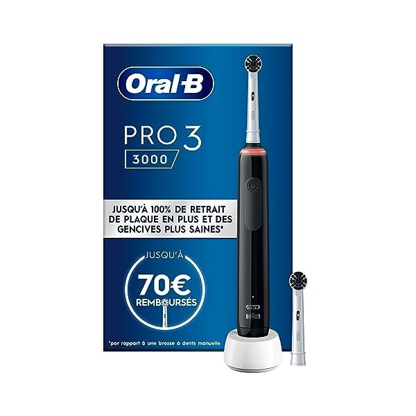 Oral-B Pro 3 3000, Brosse à Dents Électrique Rechargeable, Souple pour Voyage, Capteur de Pression Intelligent, Détecteur de 
