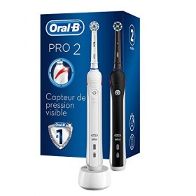 Oral-B Pro 2 2900 Brosse dents électrique rechargeable avec 2 poignées capteur pression et 2 têtes brosse, Noir et blanc