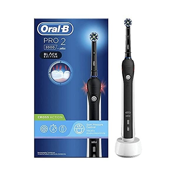 Oral-B Pro 2 2000 Brosse à dents électrique rechargeable, 1 manche blanc avec chargeur, 1 tête CrossAction