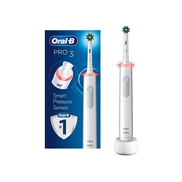 Oral-B Pro 3-3000 - Brosse à dents électrique blanche, 1 poignée avec capteur de pression visible, 1 tête de brosse à dents, 