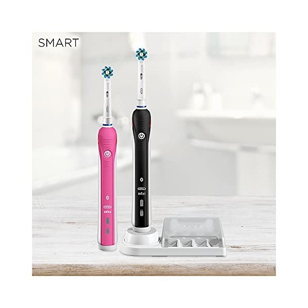 Oral-B Smart 4 Brosse à Dents Électrique Rechargeable avec 2 Manches Connecté et 2 Brossettes, Rose et Noir, Lot de 2