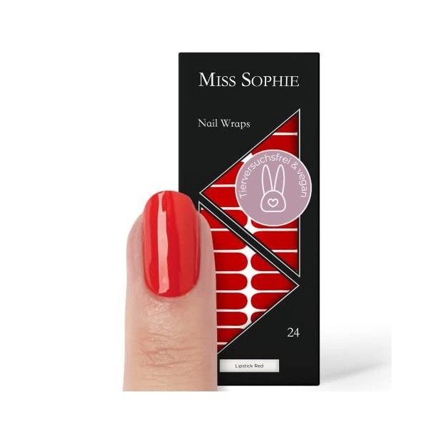 Miss Sophie Nail Wrap -"Lipstick Red", Uni, Rouge, Nail Wraps -24 nail wraps auto-adhésifs ultra-fins longue durée