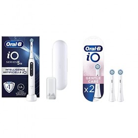 Oral-B iO 5N Brosse À Dents Électrique Blanche connectée Bluetooth, 1 Brossette, 1 Étui De Voyage & iO Gentle Care Brossettes
