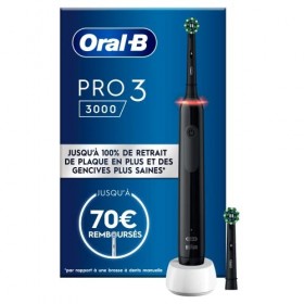 Oral-B Pro 3 3000 Brosse À Dents Électrique Avec 2 Brossettes, Technologie 3D, Élimine Jusqu’À 100% De Plaque Dentaire, Noir 