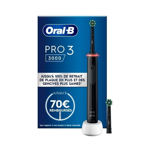 Oral-B Pro 3 3000 Brosse À Dents Électrique Avec 2 Brossettes, Technologie 3D, Élimine Jusqu’À 100% De Plaque Dentaire, Noir