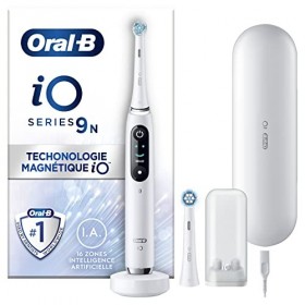 Oral-B iO 9N Brosse À Dents Électrique Blanche connectée Bluetooth, 2 Brossettes, 1 Étui De Voyage Chargeur & iO Radiant Whit
