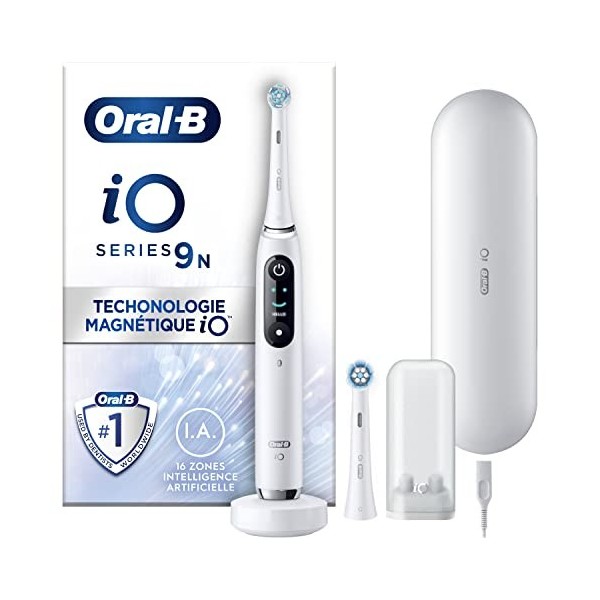 Oral-B iO 9N Brosse À Dents Électrique Blanche connectée Bluetooth, 2 Brossettes, 1 Étui De Voyage Chargeur & iO Radiant Whit