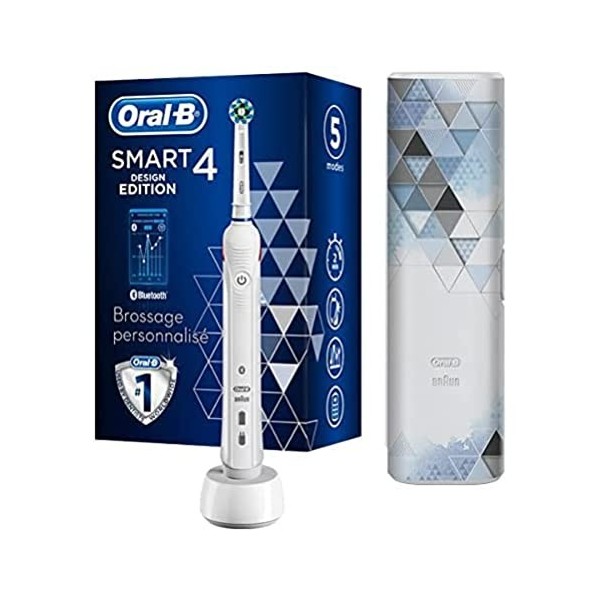 Oral-B Smart 4 Brosse À Dents Électrique Rechargeable Avec 1 Manche Connecté Bluetooth, Noir, 2 Brossettes Et 1 Étui De Voyag