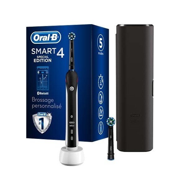 Oral-B Smart 4 Brosse À Dents Électrique Rechargeable Avec 1 Manche Connecté Bluetooth, Noir, 2 Brossettes Et 1 Étui De Voyag