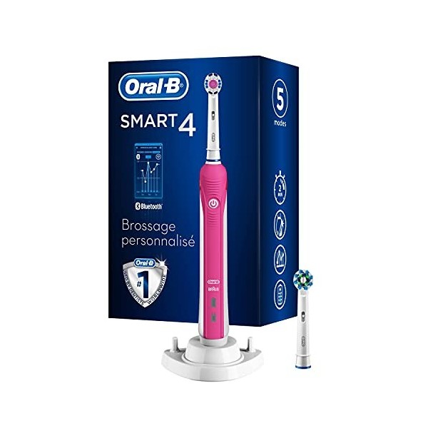 Oral-B Smart 4 Brosse À Dents Électrique Rechargeable Avec 1 Manche Connecté Bluetooth Et 2 Brossettes, Rose, 5 Modes Dont Bl