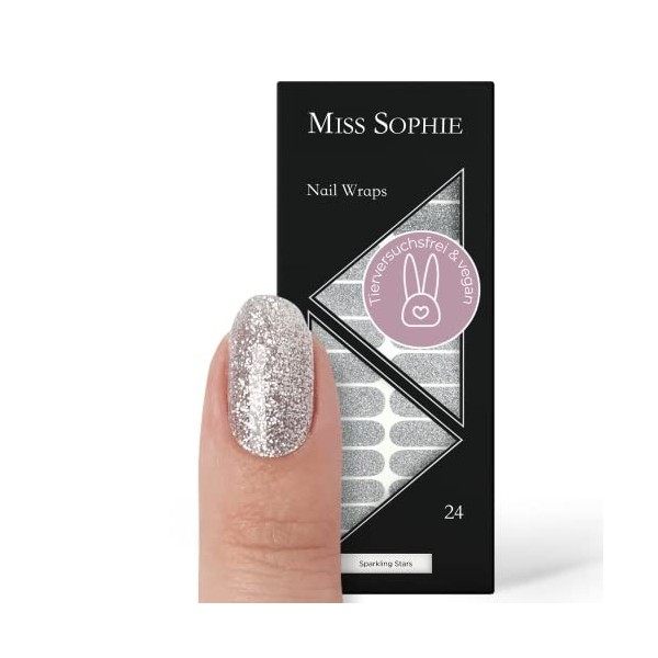 Miss Sophie Nail Wrap - "Sparkling Stars", Pailleté, Argent, Nail Wraps -24 nail wraps auto-adhésifs ultra-fins longue durée