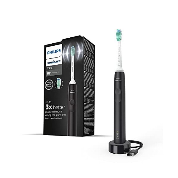 Philips Sonicare Série 3100 Brosse à dents électrique sonique avec capteur de pression intégré, Noir modèle HX3671/14 