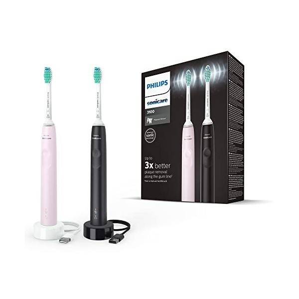 Philips Sonicare Série 3100 Brosse à dents électrique sonique avec capteur de pression intégré, Rose pastel et Noir modèle H